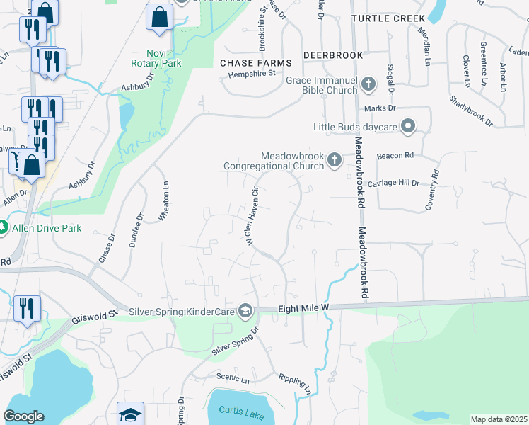 map of restaurants, bars, coffee shops, grocery stores, and more near 21106 West Glen Haven Circle in Northville