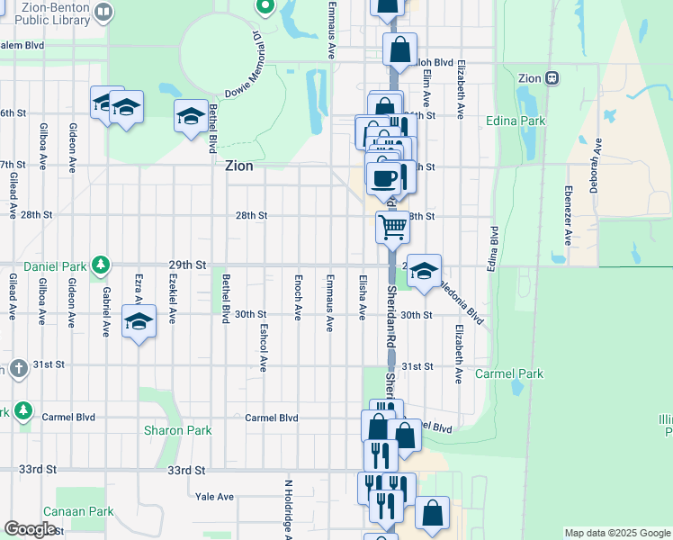 map of restaurants, bars, coffee shops, grocery stores, and more near 2901 Emmaus Avenue in Zion
