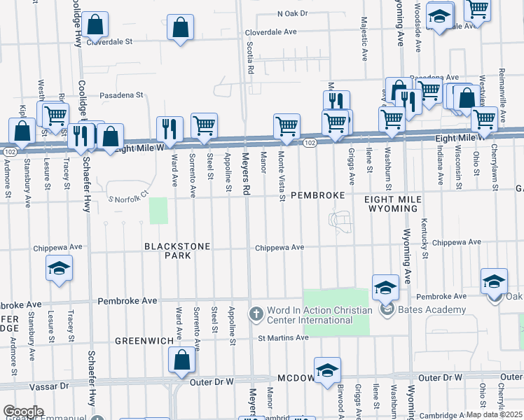 map of restaurants, bars, coffee shops, grocery stores, and more near 20219 Manor Street in Detroit