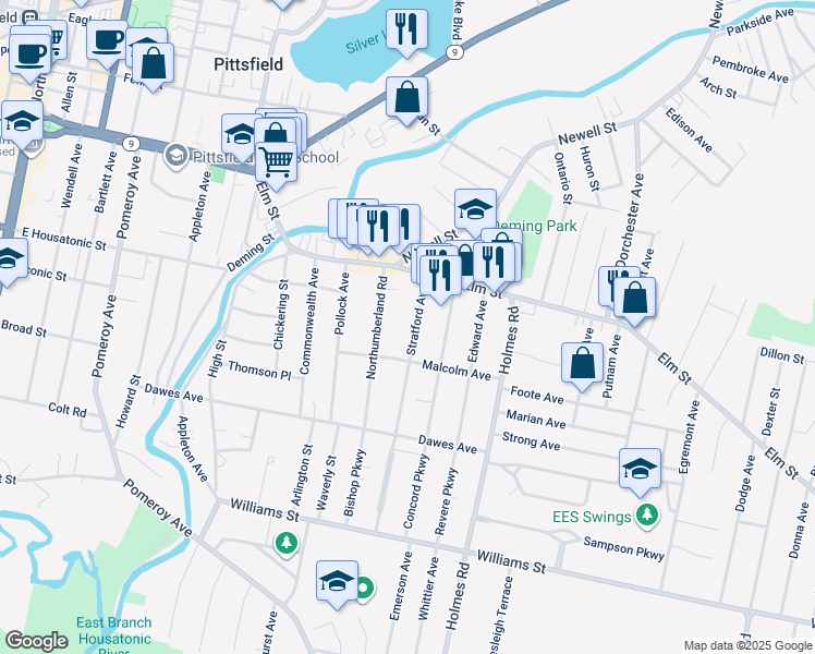 map of restaurants, bars, coffee shops, grocery stores, and more near 46 Stratford Avenue in Pittsfield