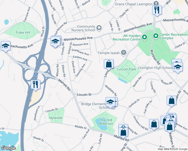 map of restaurants, bars, coffee shops, grocery stores, and more near 179 Lincoln Street in Lexington