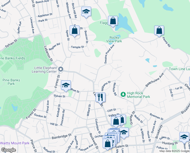 map of restaurants, bars, coffee shops, grocery stores, and more near 4 Swains Pond Avenue in Melrose