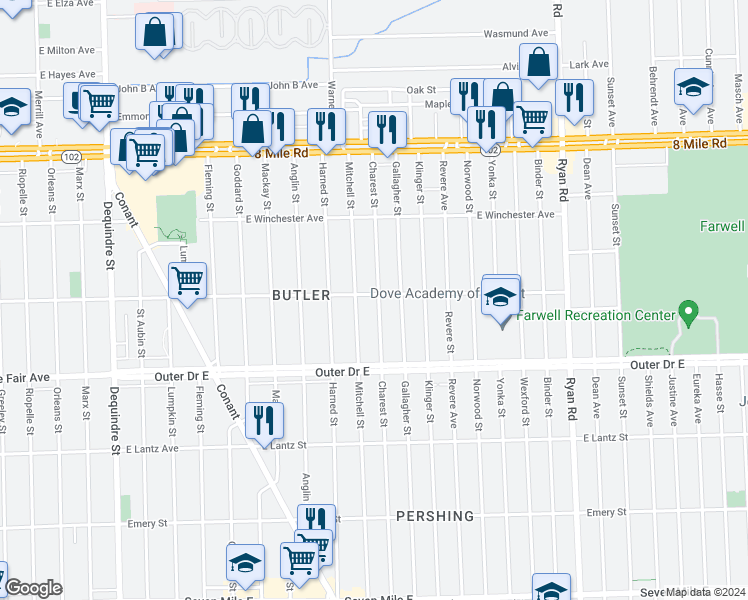 map of restaurants, bars, coffee shops, grocery stores, and more near 20045 Charest Street in Detroit