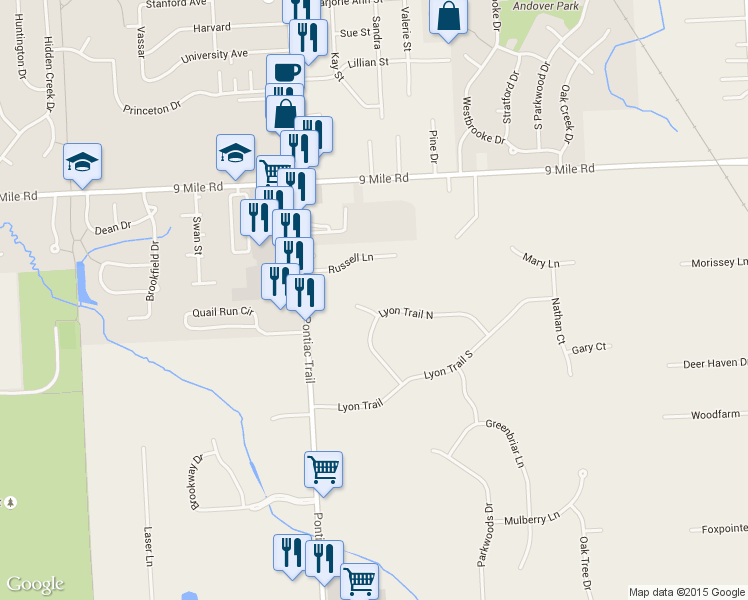 map of restaurants, bars, coffee shops, grocery stores, and more near 21931 Lyon Meadow Court in South Lyon