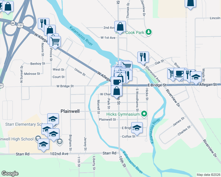 map of restaurants, bars, coffee shops, grocery stores, and more near 115 West Bridge Street in Plainwell