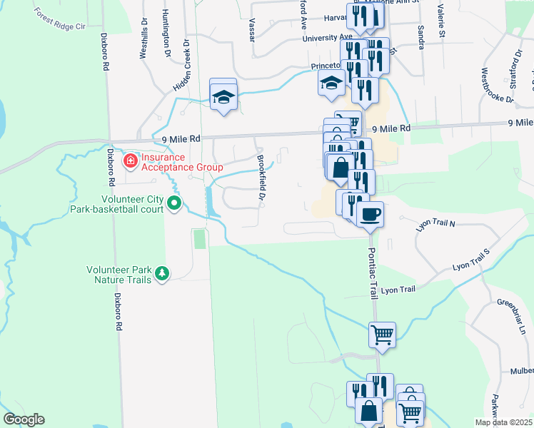 map of restaurants, bars, coffee shops, grocery stores, and more near 22160 Brookfield Drive in South Lyon
