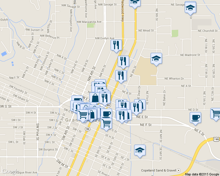 map of restaurants, bars, coffee shops, grocery stores, and more near 121 NE B St in Grants Pass