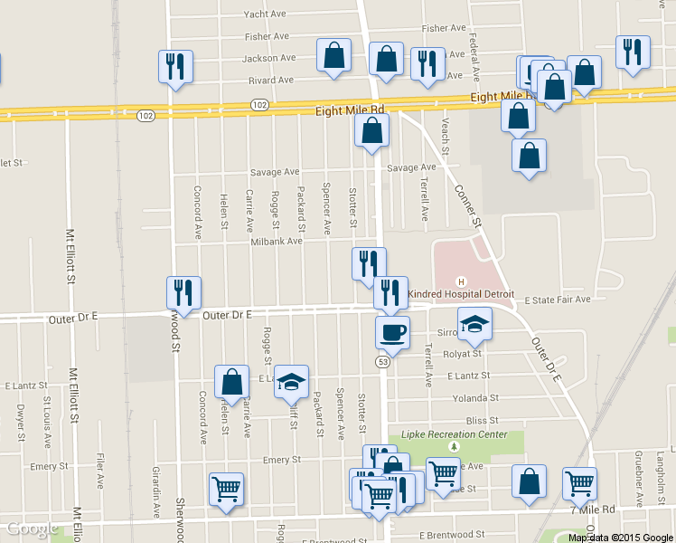 map of restaurants, bars, coffee shops, grocery stores, and more near 19976 Spencer Avenue in Detroit