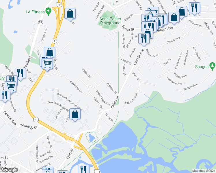 map of restaurants, bars, coffee shops, grocery stores, and more near 52 Franklin Street in Revere