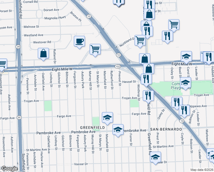 map of restaurants, bars, coffee shops, grocery stores, and more near 20294 Mansfield Street in Detroit