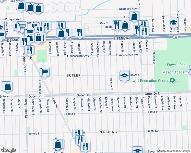 map of restaurants, bars, coffee shops, grocery stores, and more near 20046 Charest Street in Detroit