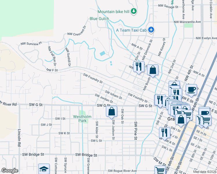 map of restaurants, bars, coffee shops, grocery stores, and more near 16 Southwest Grant Street in Grants Pass