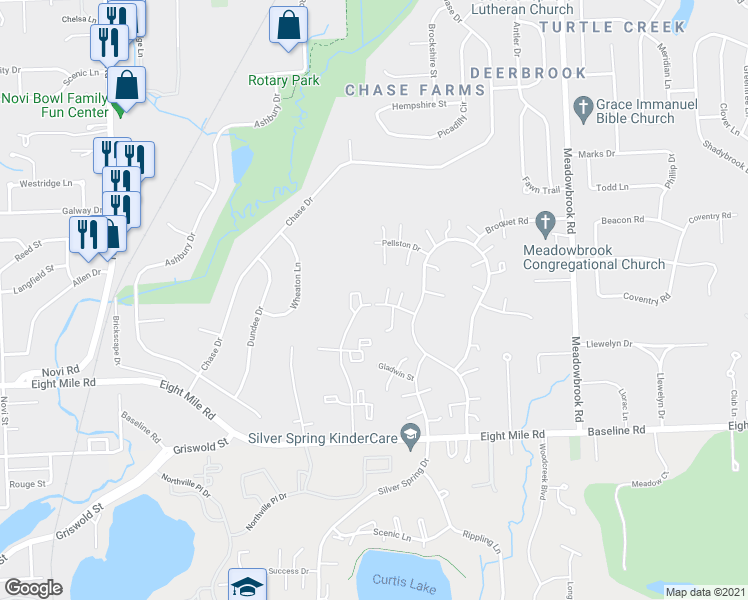 map of restaurants, bars, coffee shops, grocery stores, and more near 42176 Roscommon Street in Northville