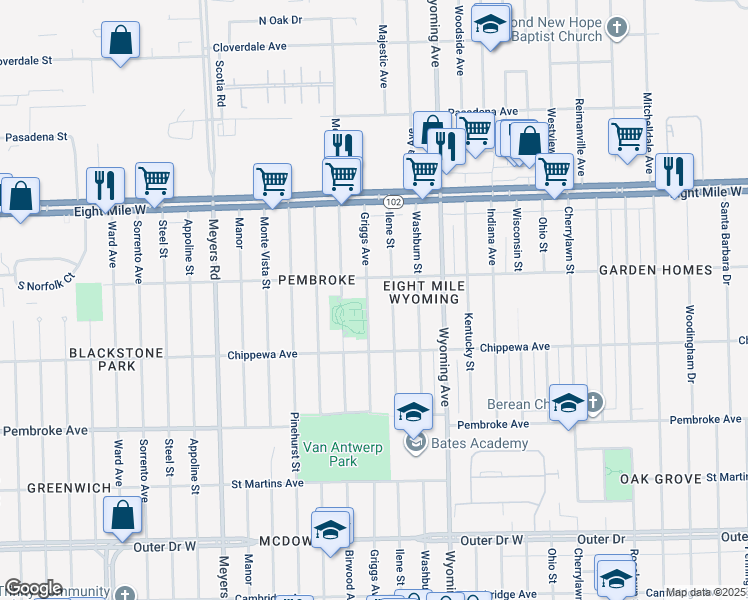 map of restaurants, bars, coffee shops, grocery stores, and more near 20214 Griggs Street in Detroit