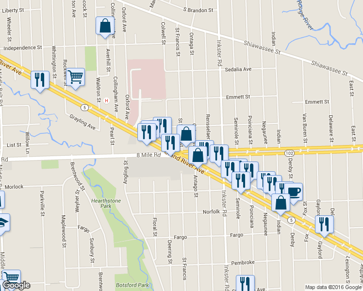 map of restaurants, bars, coffee shops, grocery stores, and more near 27640 Eight Mile West in Farmington Hills