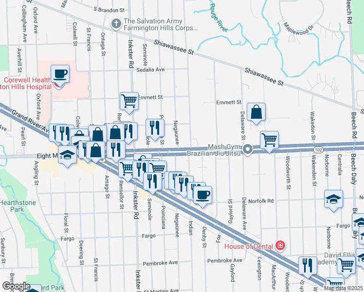 map of restaurants, bars, coffee shops, grocery stores, and more near 27052 Michigan 102 in Southfield