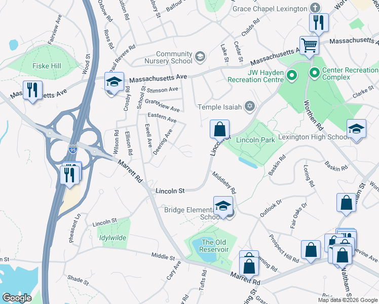 map of restaurants, bars, coffee shops, grocery stores, and more near 179 Lincoln Street in Lexington