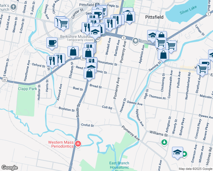 map of restaurants, bars, coffee shops, grocery stores, and more near 164 Bartlett Avenue in Pittsfield