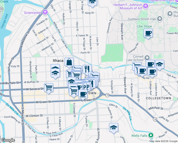 map of restaurants, bars, coffee shops, grocery stores, and more near 321 North Tioga Street in Ithaca