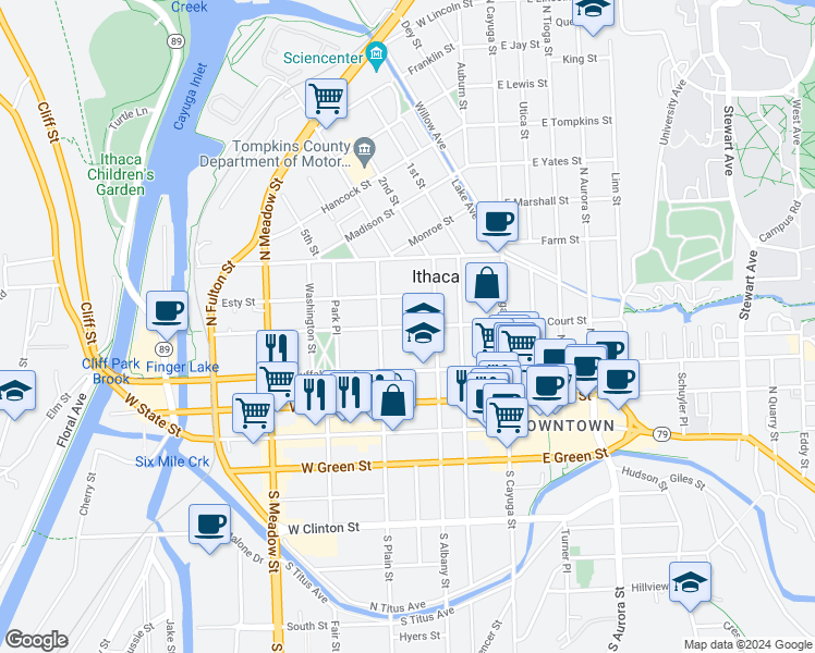 map of restaurants, bars, coffee shops, grocery stores, and more near 300-398 W Court St in Ithaca