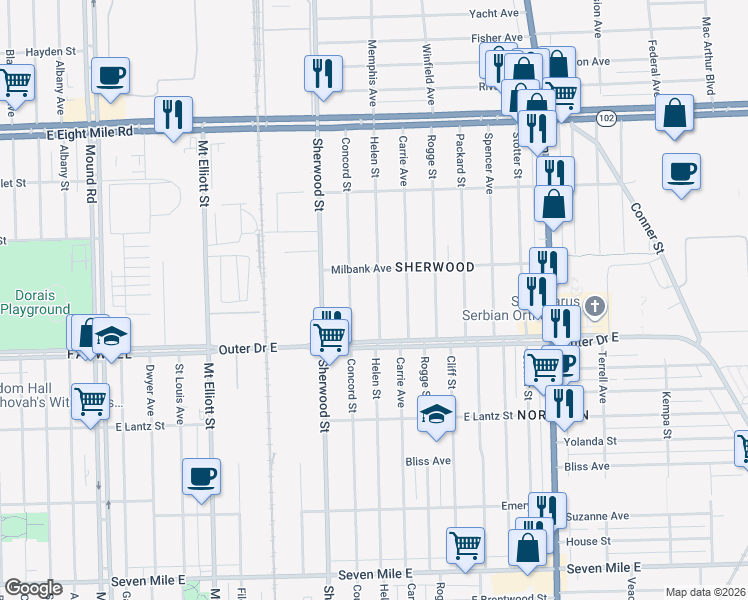 map of restaurants, bars, coffee shops, grocery stores, and more near 19994 Concord Street in Detroit