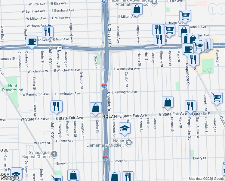 map of restaurants, bars, coffee shops, grocery stores, and more near 20111 Cameron Street in Highland Park