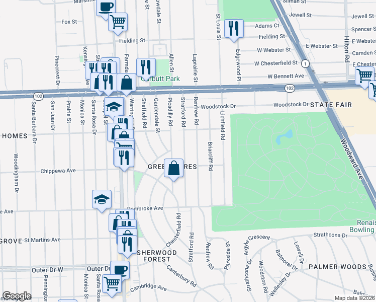 map of restaurants, bars, coffee shops, grocery stores, and more near 20160 Stratford Road in Detroit