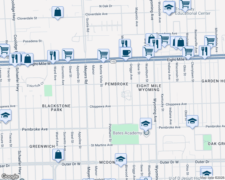 map of restaurants, bars, coffee shops, grocery stores, and more near 20218 Pinehurst Street in Detroit