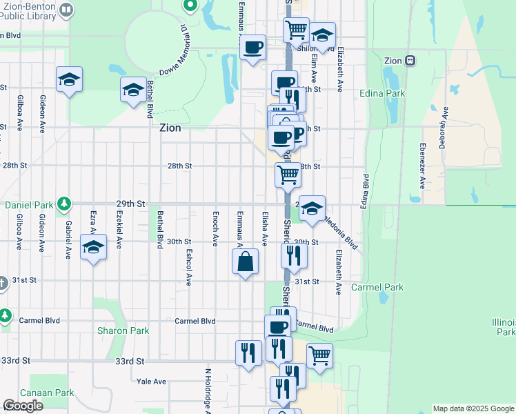 map of restaurants, bars, coffee shops, grocery stores, and more near 2901 Emmaus Avenue in Zion