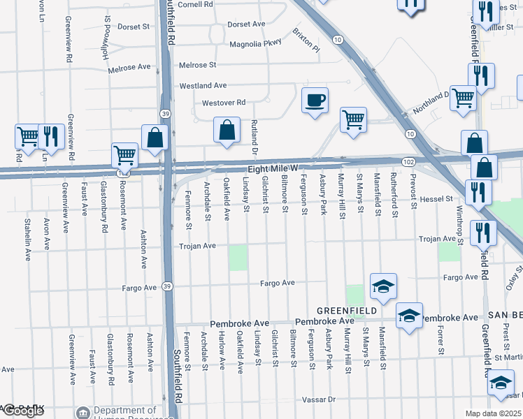 map of restaurants, bars, coffee shops, grocery stores, and more near 20309 Gilchrist Street in Detroit