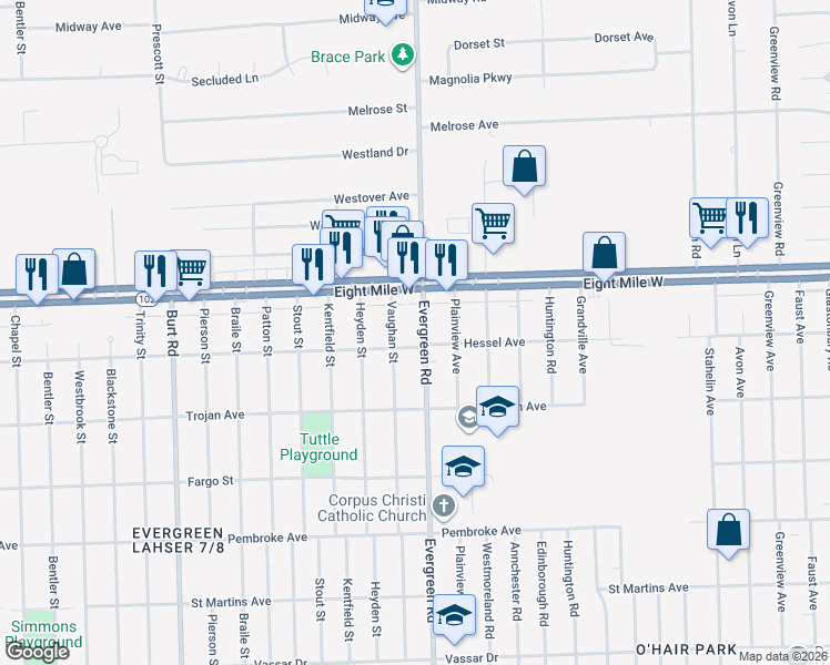 map of restaurants, bars, coffee shops, grocery stores, and more near 20521 Evergreen Road in Detroit