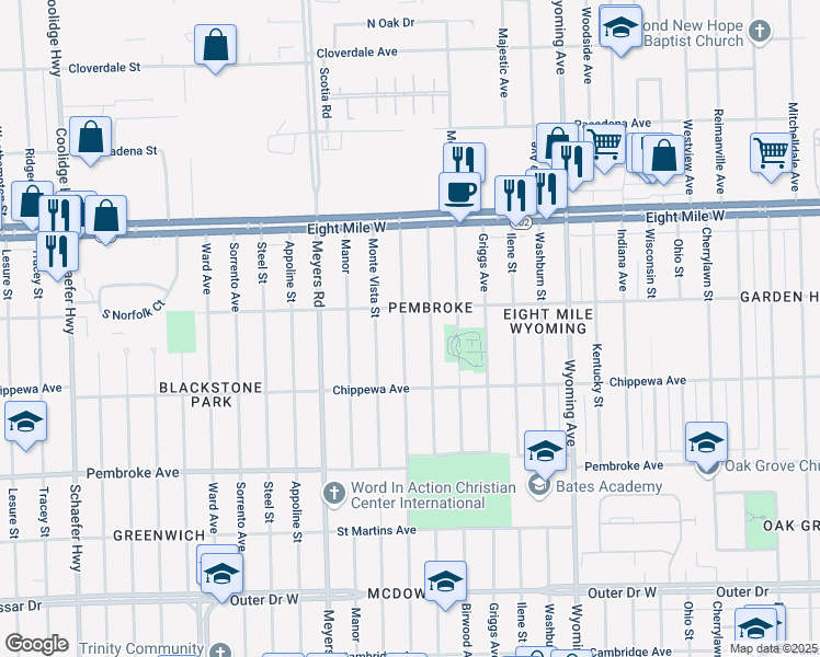 map of restaurants, bars, coffee shops, grocery stores, and more near 20218 Pinehurst Street in Detroit