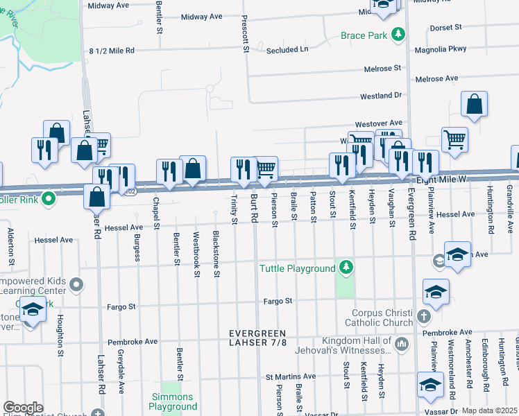 map of restaurants, bars, coffee shops, grocery stores, and more near 20542 Burt Road in Detroit