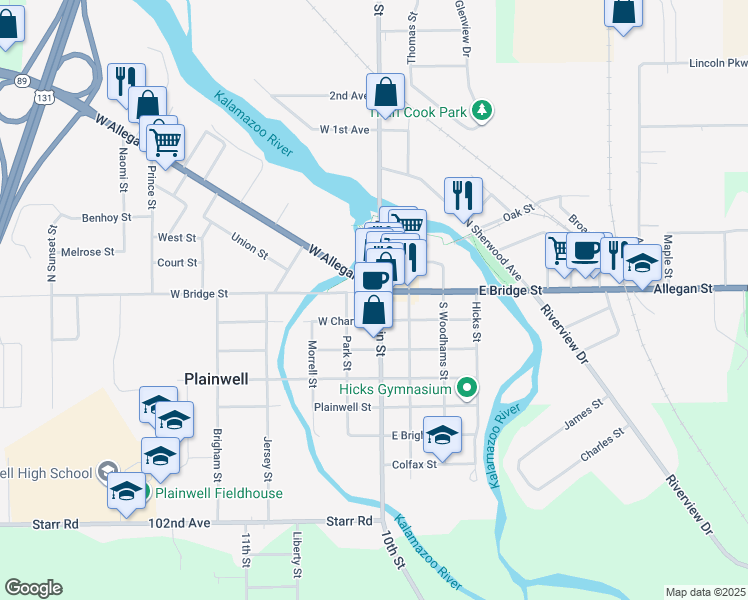 map of restaurants, bars, coffee shops, grocery stores, and more near 115 West Bridge Street in Plainwell