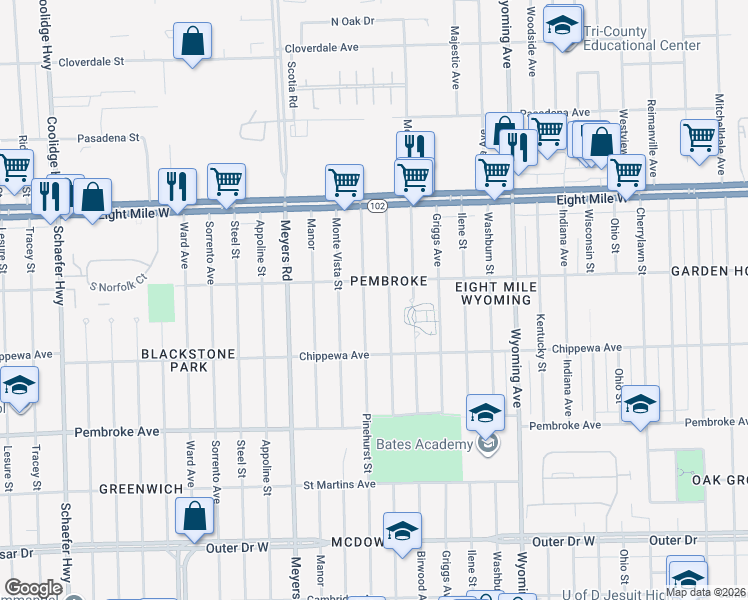 map of restaurants, bars, coffee shops, grocery stores, and more near 20218 Pinehurst Street in Detroit