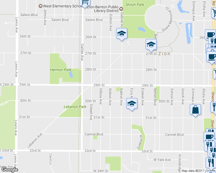 map of restaurants, bars, coffee shops, grocery stores, and more near 2900 Gideon Avenue in Zion