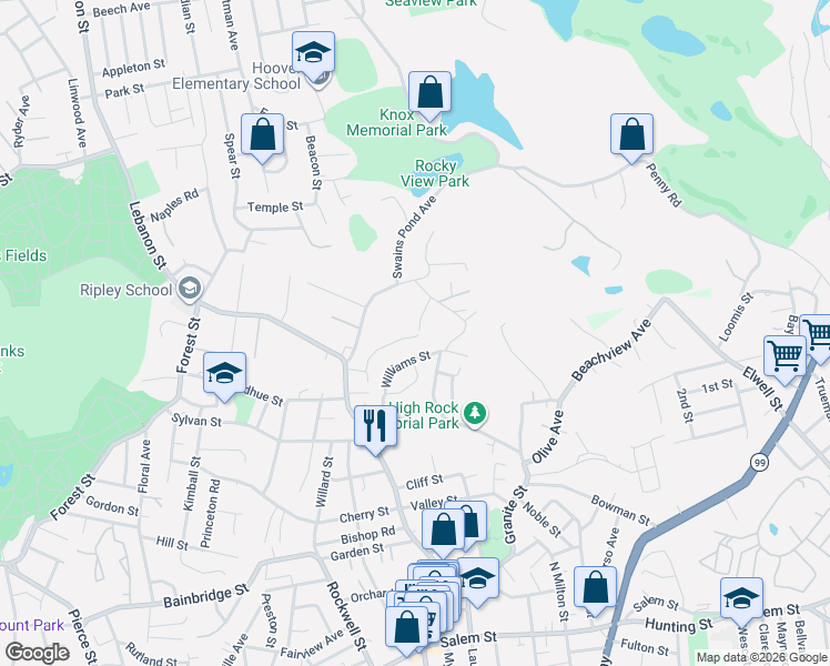 map of restaurants, bars, coffee shops, grocery stores, and more near 70 Crescent Lane in Malden