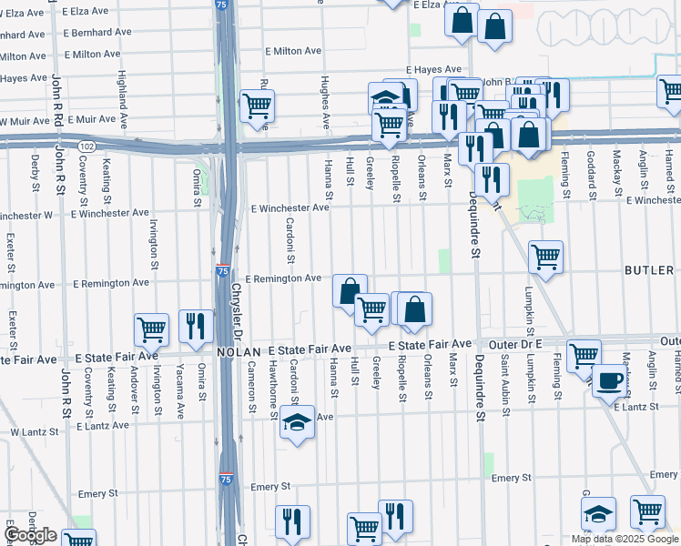 map of restaurants, bars, coffee shops, grocery stores, and more near 20100 Hanna Street in Highland Park
