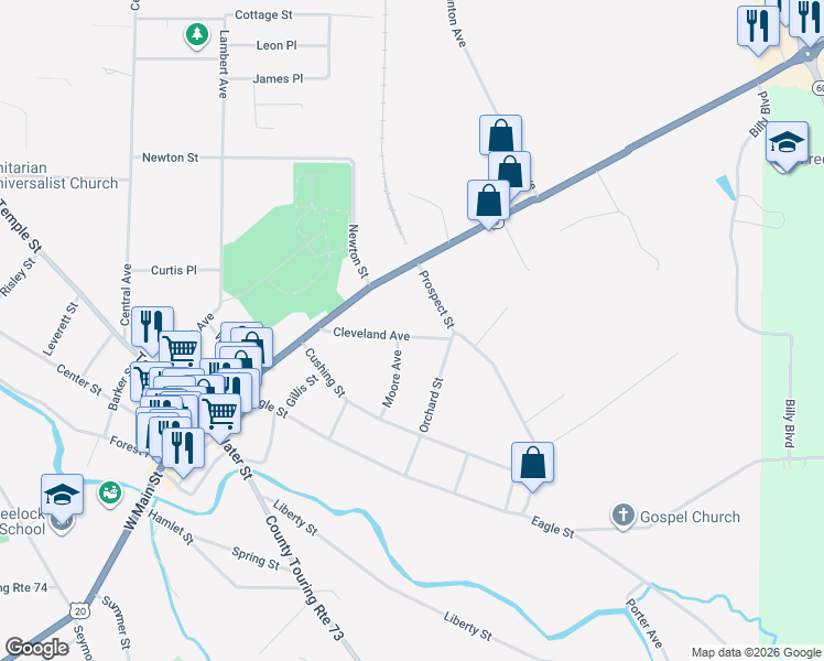map of restaurants, bars, coffee shops, grocery stores, and more near 70 Cleveland Avenue in Fredonia