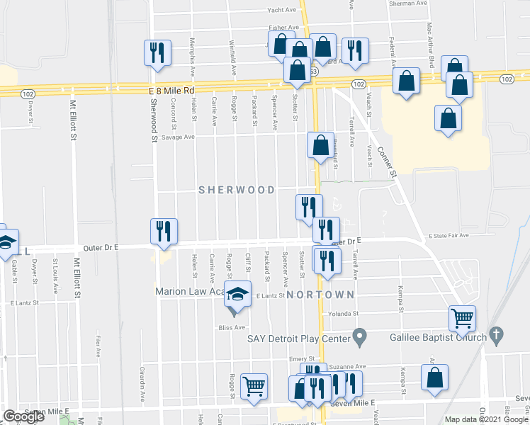 map of restaurants, bars, coffee shops, grocery stores, and more near 19980 Packard St in Detroit