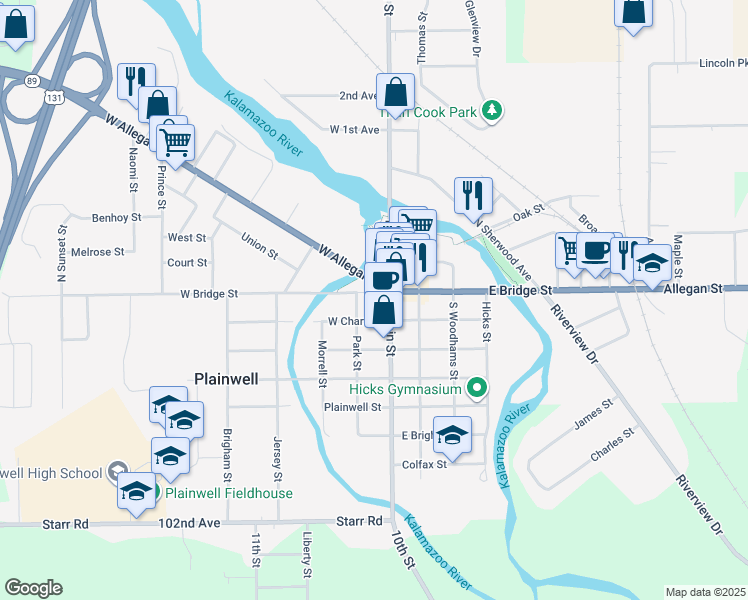 map of restaurants, bars, coffee shops, grocery stores, and more near 115 West Bridge Street in Plainwell
