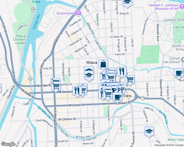 map of restaurants, bars, coffee shops, grocery stores, and more near 401 North Albany Street in Ithaca