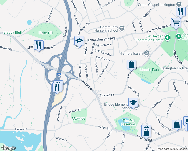 map of restaurants, bars, coffee shops, grocery stores, and more near 86 School Street in Lexington