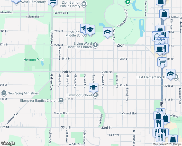 map of restaurants, bars, coffee shops, grocery stores, and more near 2900 Ezra Avenue in Zion