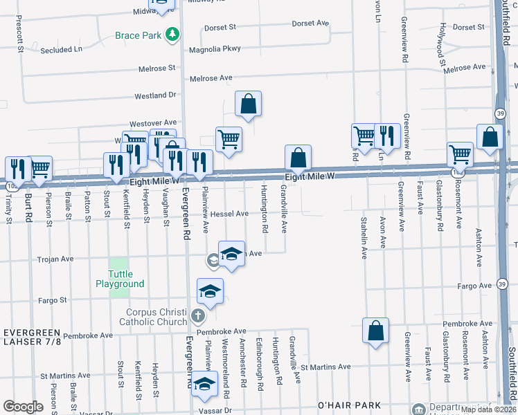 map of restaurants, bars, coffee shops, grocery stores, and more near 20511 Huntington Road in Detroit