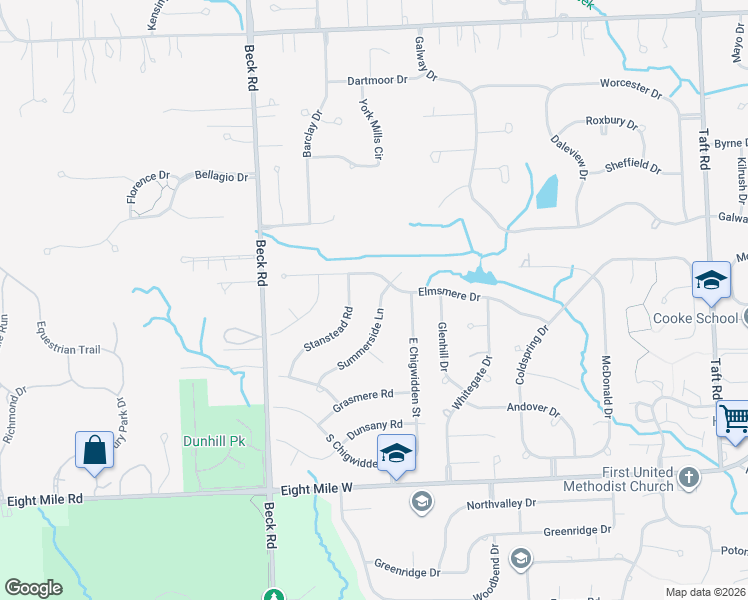 map of restaurants, bars, coffee shops, grocery stores, and more near 21483 Summerside Lane in Northville