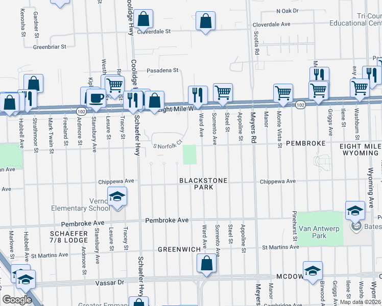 map of restaurants, bars, coffee shops, grocery stores, and more near 20178 Cheyenne Street in Detroit