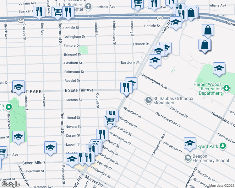 map of restaurants, bars, coffee shops, grocery stores, and more near 16534 East State Fair Avenue in Detroit