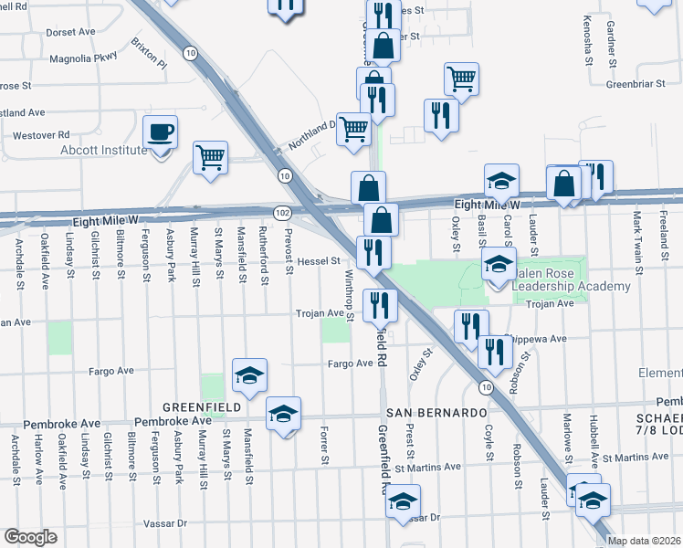 map of restaurants, bars, coffee shops, grocery stores, and more near 20293 Winthrop Street in Detroit