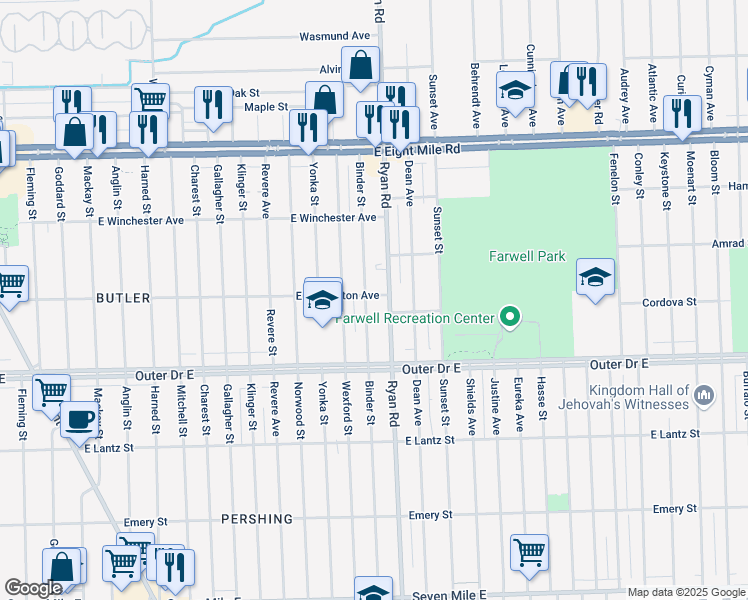 map of restaurants, bars, coffee shops, grocery stores, and more near 20015 Ryan Road in Detroit